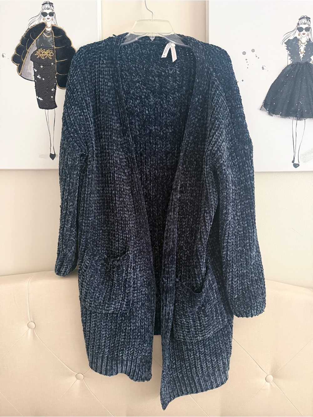 Plush Open-Front Chenille Cardigan Sweater - Navy Blue